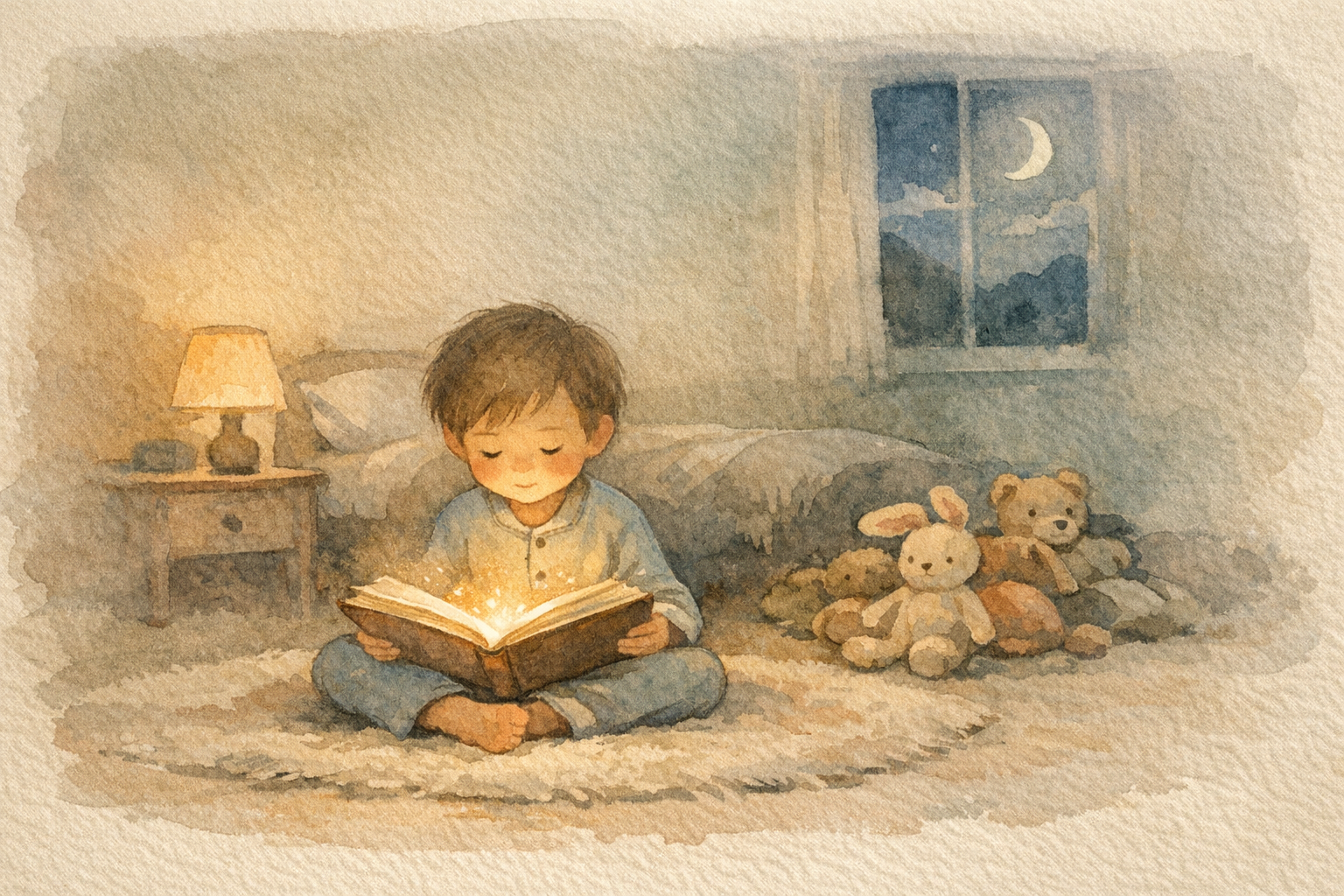 A child reading an open storybook at bedtime, painted in soft watercolor.