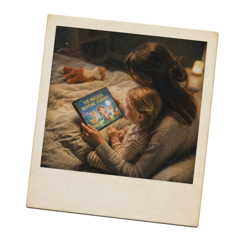 A parent and child reading a glowing FawnFox Fables story together at bedtime